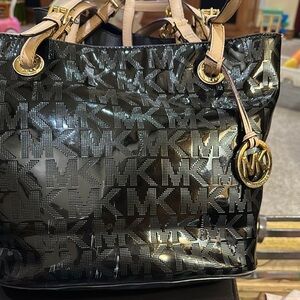Michael Kors Black Glossy Tote with Gold Hardware